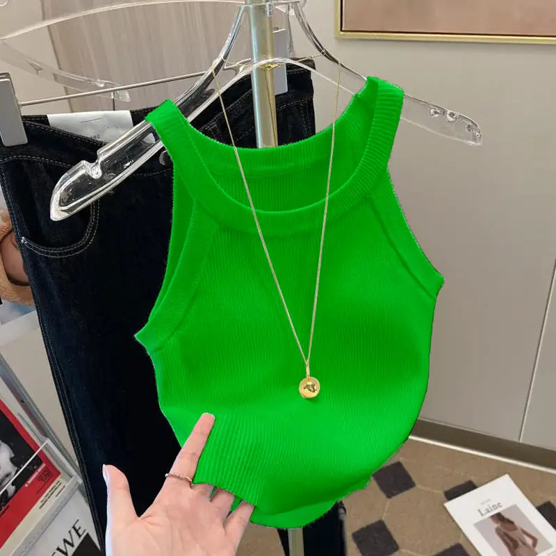 Colete Halterneck listrado para mulheres, blusa pequena com suspensor, suéter bonito e doce, novo, verão, 2023