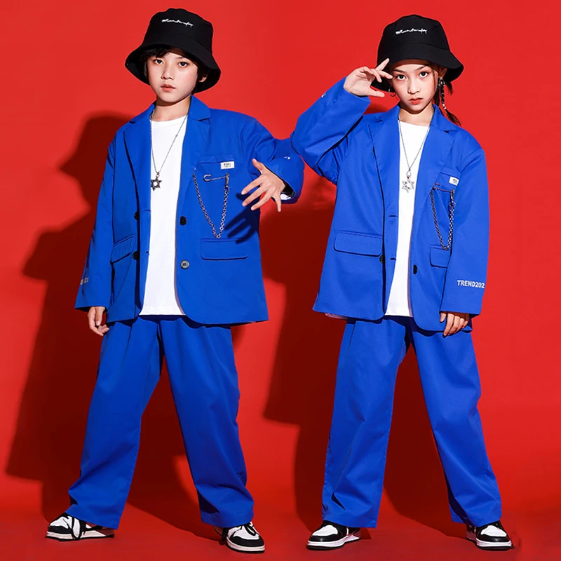 Jazz Dance Costume Hip Hop Kids Clothes Blue Suit Coat Pants Boys Stage Costume Girls Modern Dance Performance Clothes BL7476