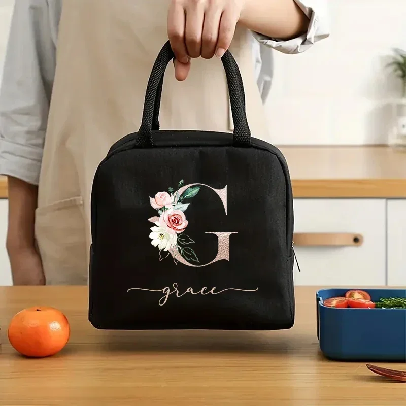 Customize Name Thermal Lunch Bag Canvas Handbag Portable Travel Food Box Portable Lunch Box Cooler Box Organizer Picnic Bag