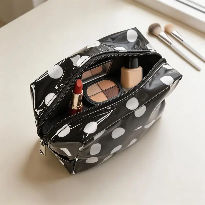 Glossy Polka Dot PVC Cosmetic Bag Waterproof Durable Travel Toiletry Pouch for Women Outdoor Trips