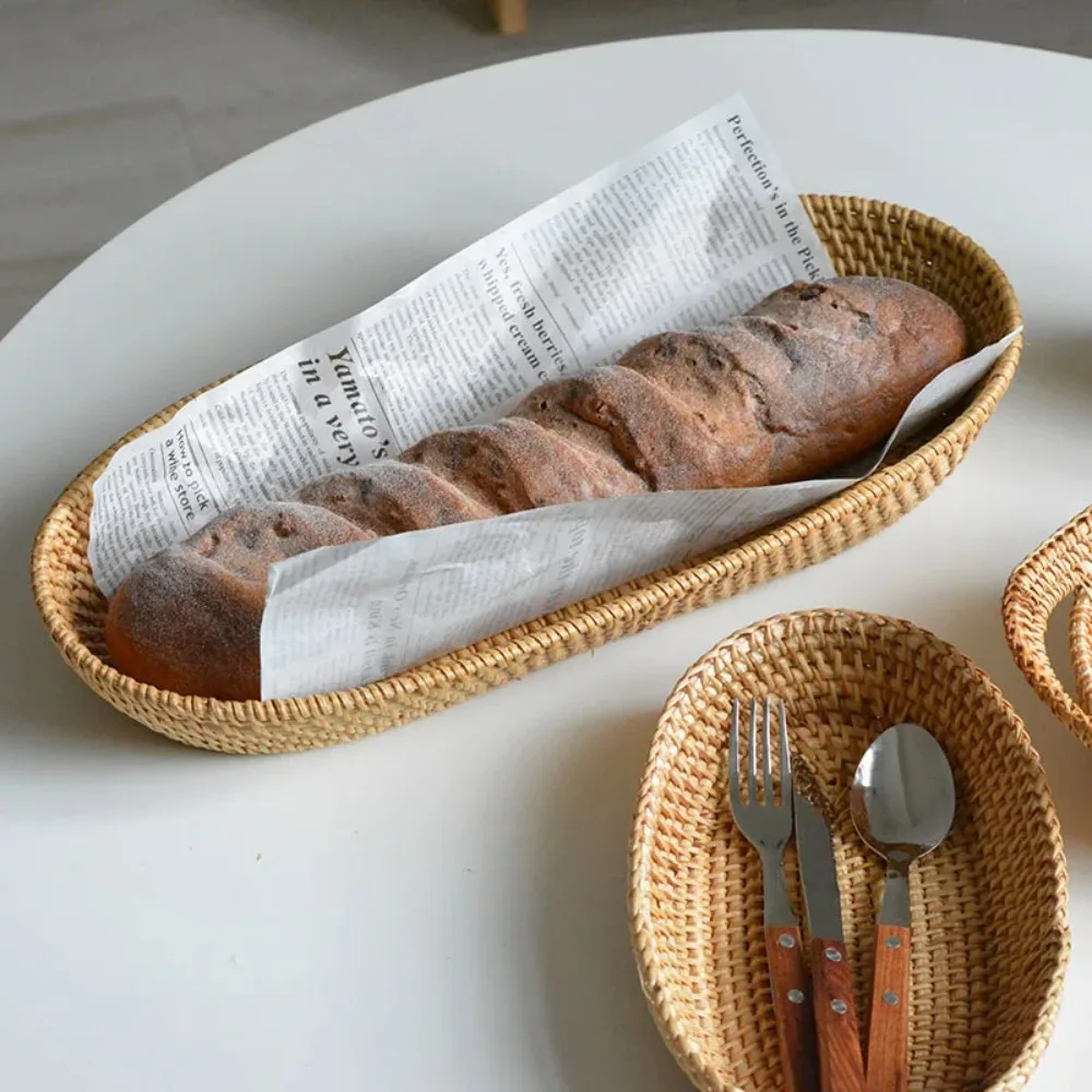 

Rattan Woven Basket with Wooden Frame, Multi-Use Storage for Fruit Bread Snacks, Dining Coffee Table Decor Organizer Tray