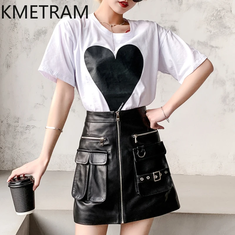 KMETRAM Genuine Leather Mini Skirt Real Sheepskin Skirts for Woman High Waist Black Skirt Spring Autumn Women Clothes Юбка Шорты