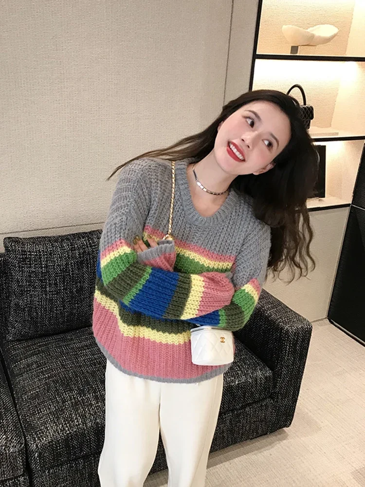 

Fashion Mohair Women Rainbow Sweaters Sweet Loose Casual Knitted Jumper Long Sleeve O Neck Korean Chic Fall Sweater Coat