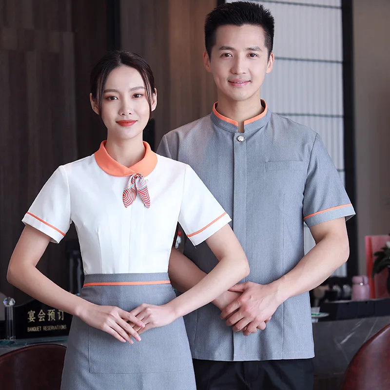 

Waiter Workwear Short Sleeve Hotel Chinese Tea Catering Clothing Hot Pot Restaurant Summer Clothes for Wom