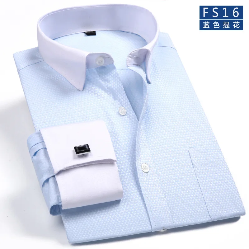 Camisa de vestir Social con puños franceses clásicos para hombre, camisas blancas formales de negocios de ajuste estándar de manga larga para fiesta