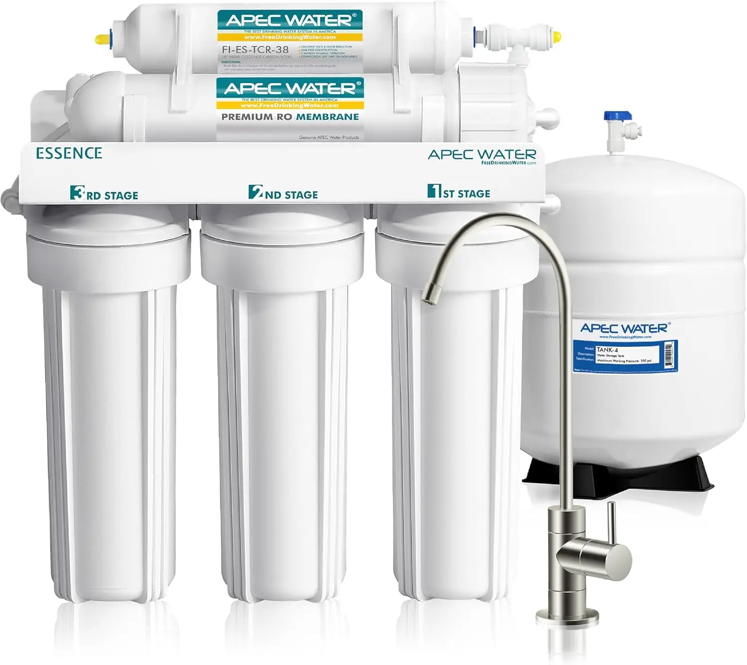 

APEC Water Systems ROES-100 Essence Series Top Tier 5-Stage Certified Ultra Safe Reverse Osmosis Drinking Water Filter System