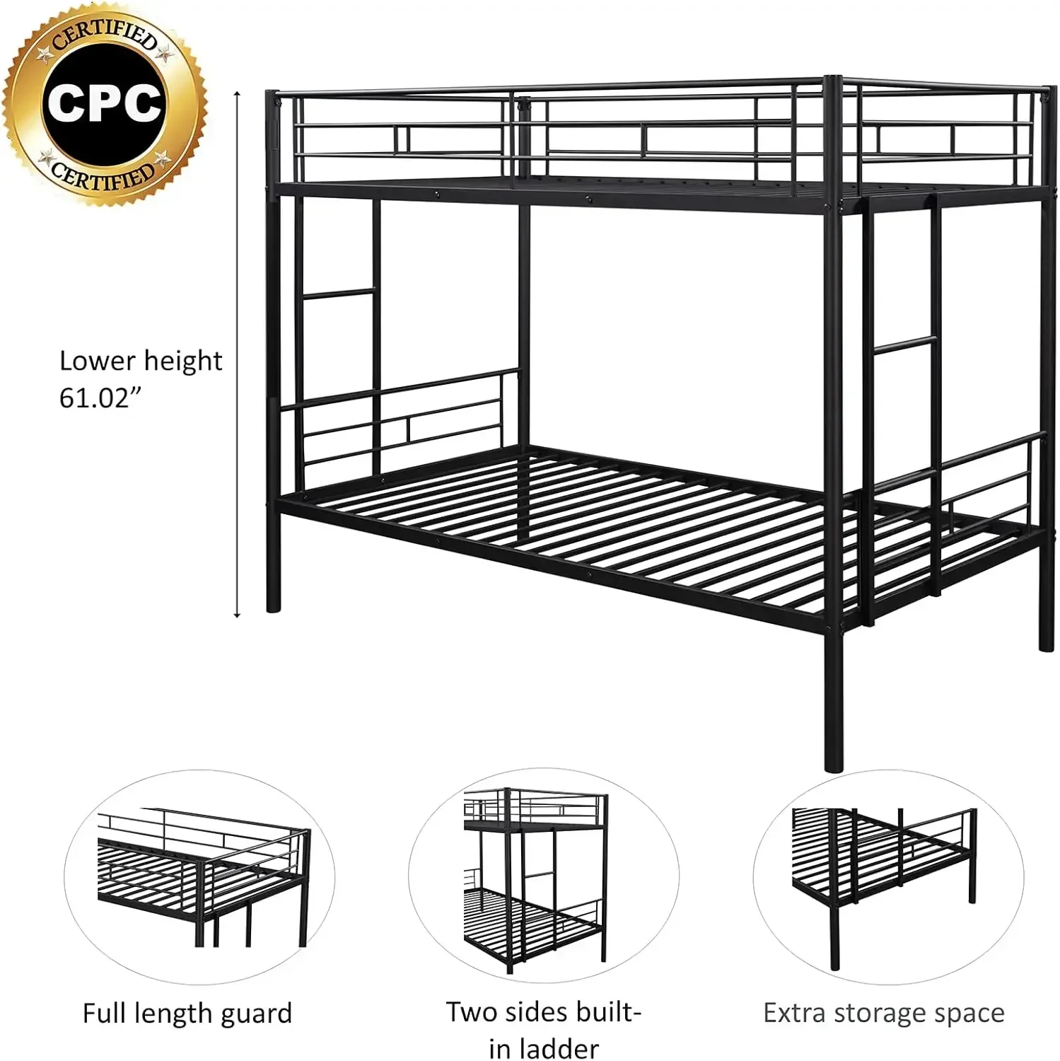 Metalen stapelbed Twin Over Twin Stevige, robuuste stapelbedden met 2 zijladders, ruimtebesparend, geen boxspring nodig, voor jongensmeisjes