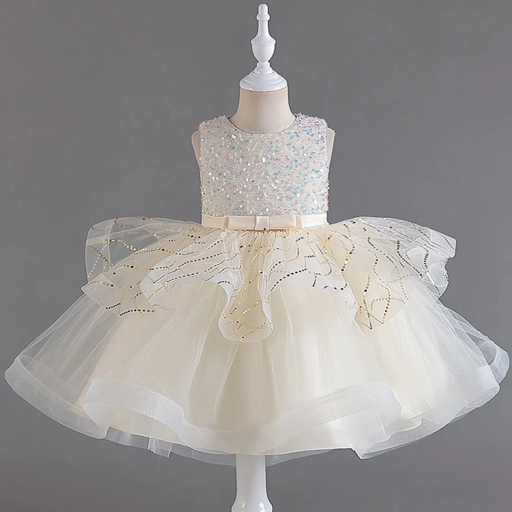 

New Champagne Flower Girls' Dresses for Weddings Party Gala Tulle Sequined O-Neck Sleeveless Kid's Birthday Princess Gown 2023