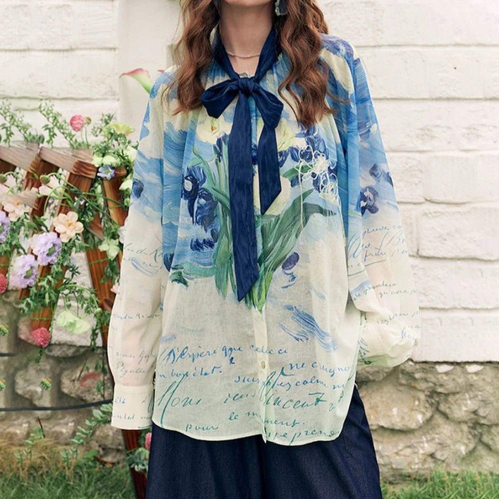 

Printed chiffon shirt women's 2025 summer new beautiful long-sleeved shirt French top glazed clear women's clothing student