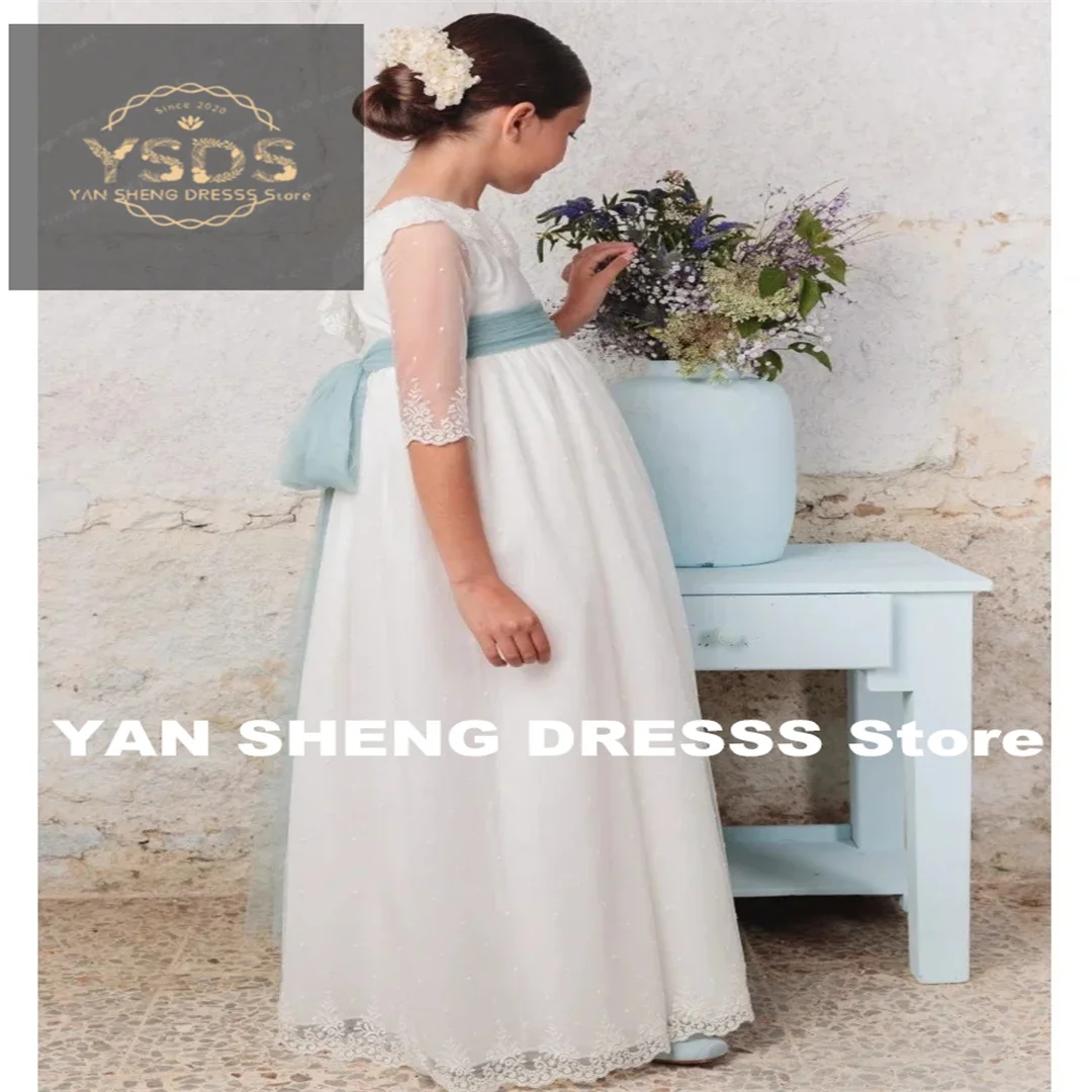 White Lace Appliques With Bow Ribbon Half Sleeves For Wedding Birthday Party Banquet Princess Gowns Flower Girl Dresses