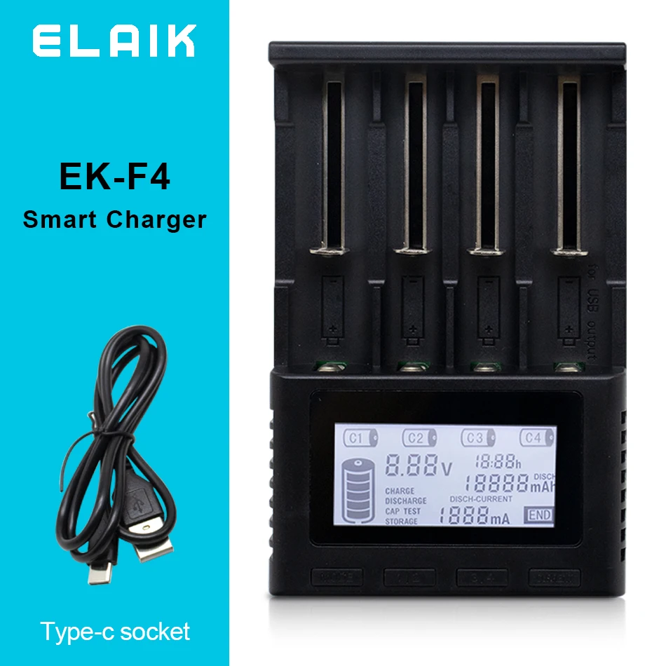 

The new EK-F4 charger LCD Universal Smart charger test capacity is 26650 18650 14500 21700 18500 AA AAA and other 4 slots