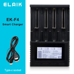 The new EK-F4 T2 charger LCD Universal Smart charger test capacity is 26650 18650 14500 21700 18500 AA AAA and other 4 slots