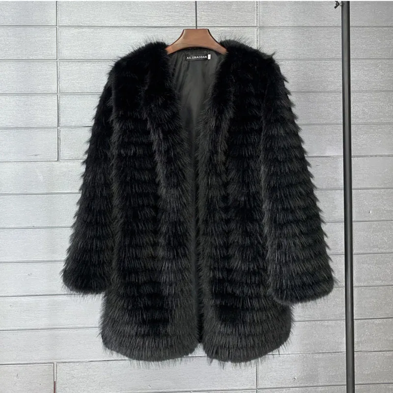 Imitação de pele de raposa casaco de pele de raposa feminina 2025 novo inverno casaco de pele grossa temperamento falso elegância preto feminino para casaco h458