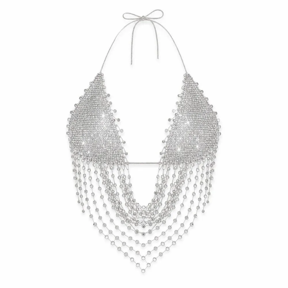 New Y2K Fishnet Tank Top Rhinestone Decor Fishnet Mesh Texture Body Chain Hollow Out See Through Camisole
