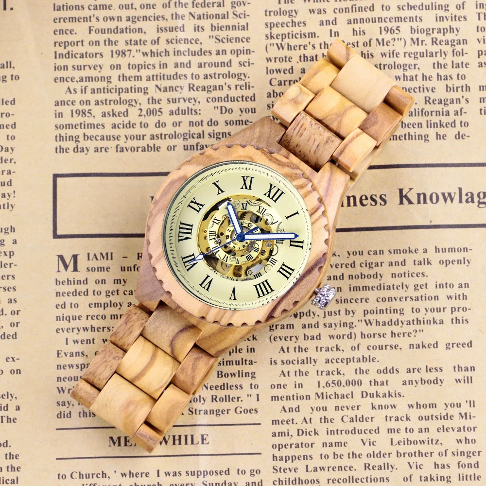 NEW Light Colored Wooden Spiral Design Roman Digital Mechanical Men\'s Watch Casual Fashion Folding Buckle Wooden Watch