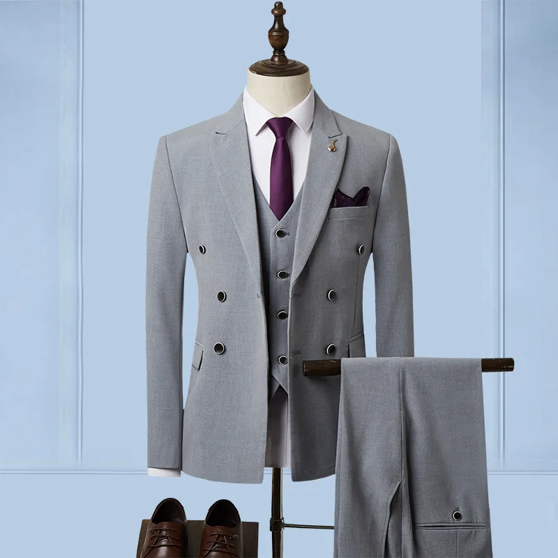 Men's casual suit three-piece double-breasted small suit slim fit young men's wedding dress groomsmen trend