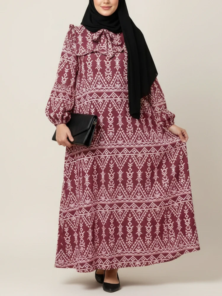 

ZANZEA Hijabs Women Modest Long Dresses Muslim Elegant Bow Tie Neck Lantern Sleeve Ruffles Trim A-Line Maxi Dress Abaya Robes