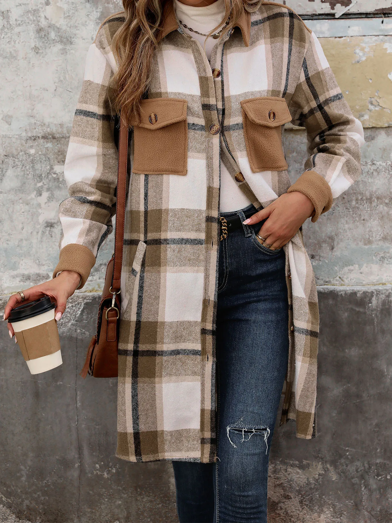 Mid to Long Plaid Cardigan Autumn and Winter European and American Women's Retro Patchwork Jacket