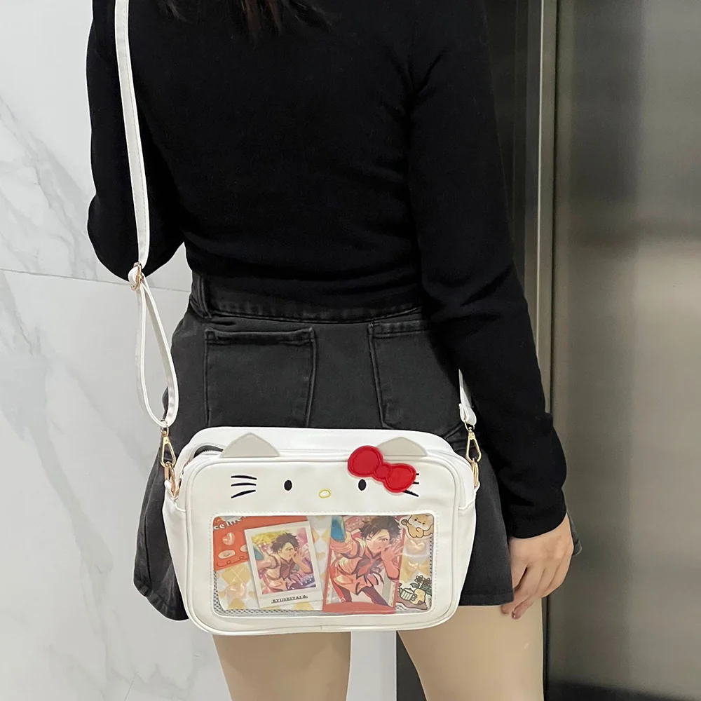 Sanrio Hello Kitty Cinnamoroll Kuromi Pu Square Bag Transparent Anime Pain Bag Cute Cartoon Handbag Women Shoulder Satchel Bagpack