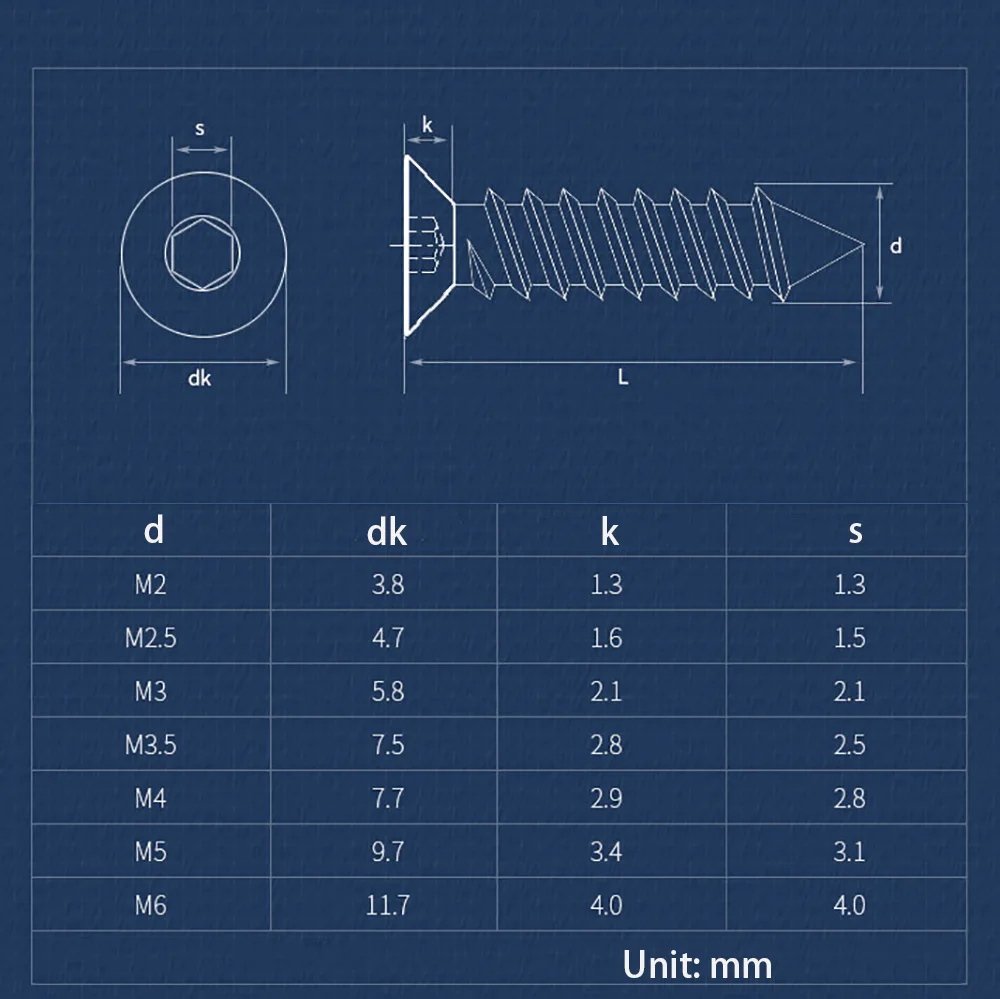 5/50pcs Hexagon Socket Tapping Screw Flat Head Self-tapping Screws Countersunk Hex Head 304 Stainless Steel M2 M2.5 M3 M4 M5 M6