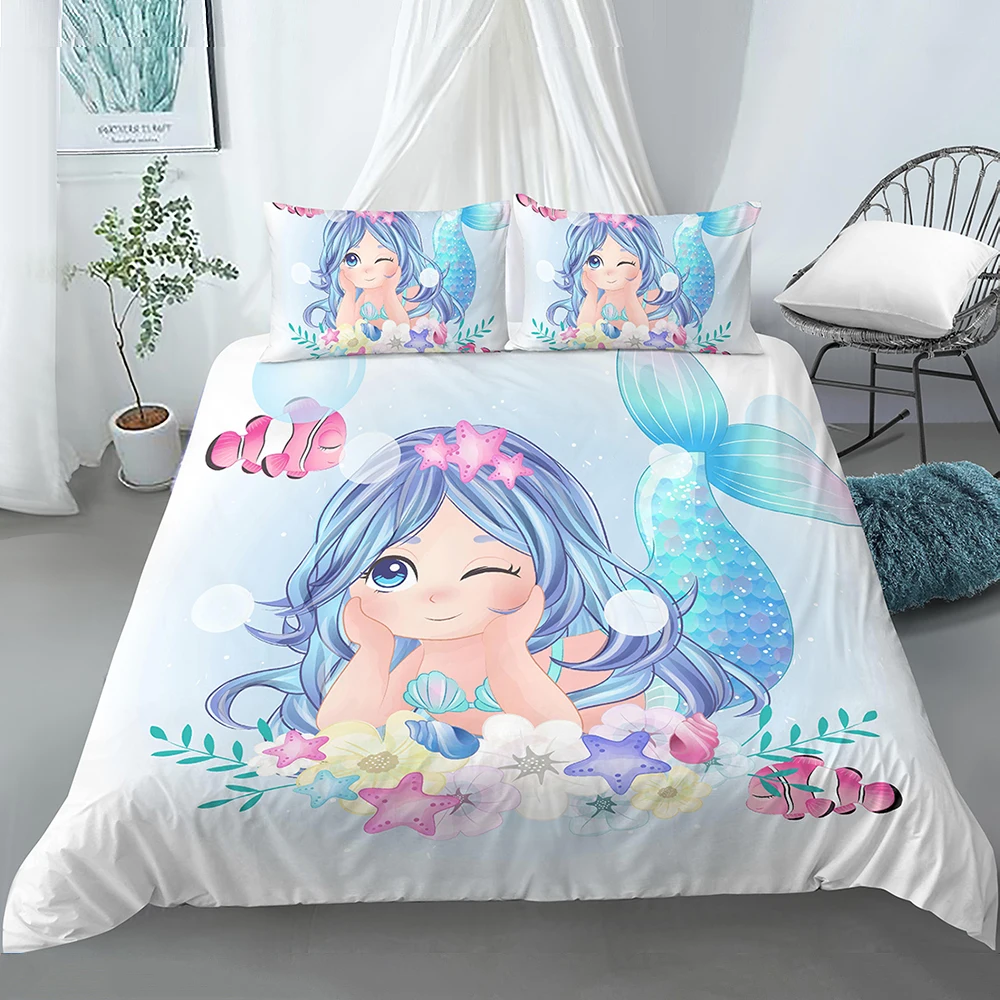 Bedding Set Crib Duvet Cover For Baby Kids Children Blue Cartoon Mermaid Edredones Niños Girls Princess Polyester Quilt Cover