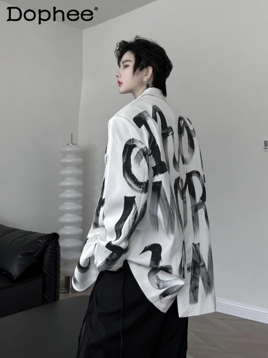 Autumn High-End Padded Shoulder Suit Men's Hand-Painted Letter Printing Male Fashionable Handle Suit Long Sleeve Jacket