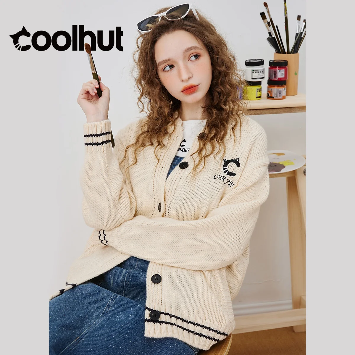 

COOLHUT Women's 2025 Minimalist Embroidered Cardigan Vintage Preppy Style Color Block Casual Fall Knitwear Open Front Sweater