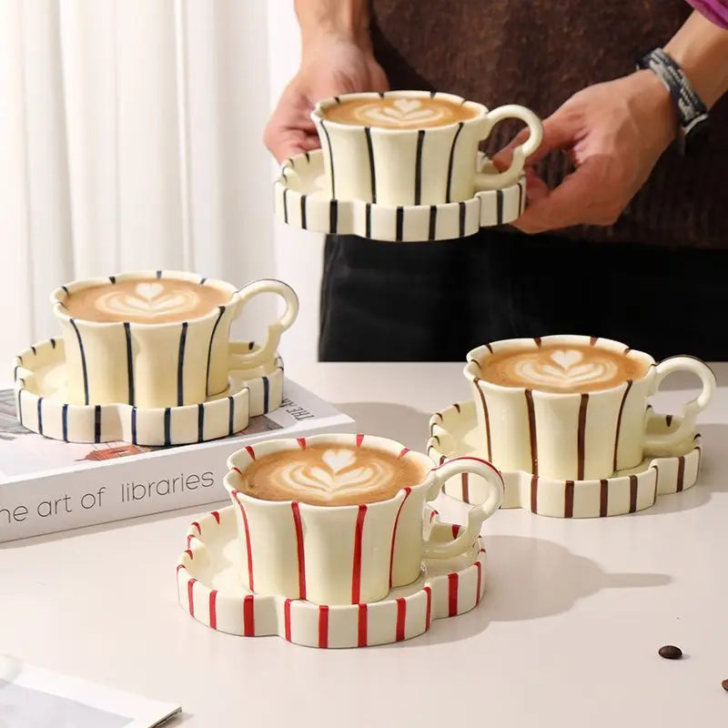European Ceramic Striped Coffee Cup and Saucer Delicate Afternoon Tea and Floral Tea Coffee Cup Home Breakfast Milk Mug 250ml