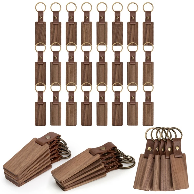 40 Pieces Wood Keychain Blanks With Leather Straps, Blank Leather Keychains For Engraving, For DIY Various Key Tags