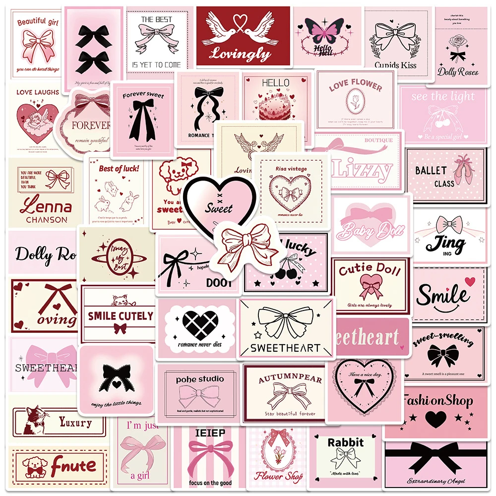 10/30/50pcs Cute Pink Ballet Style Bow Label Stickers Kawaii Cartoon Aesthetic Sticker Decoration Luggage Phone Scrapbook Decals