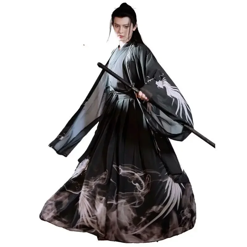 เซ็ต Hanfu สำหรับผู้ชายชุดฮันฟุพิมพ์ลายวินเทจจีนโบราณชุดคอสเพลย์ผู้หญิงฮาโลวีนชุดฮันฟูสีดำ3ชิ้นขนาดใหญ่พิเศษ2XL