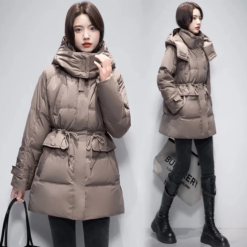 Winter Puffer Coat Female 2024 New Women Jacket Hooded Parkas Coat Drawstring Quilted Down Jacket Mid-Length Outerwears Top