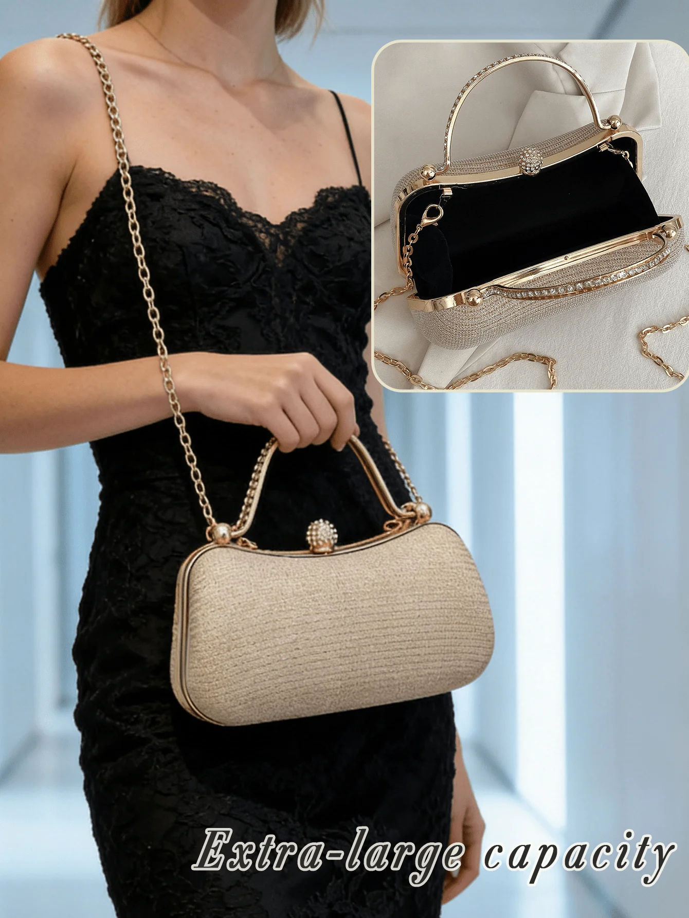 

Elegant Crystal Rhinestone Frame Clutch Bag With Detachable Chain For Evening Party Wedding