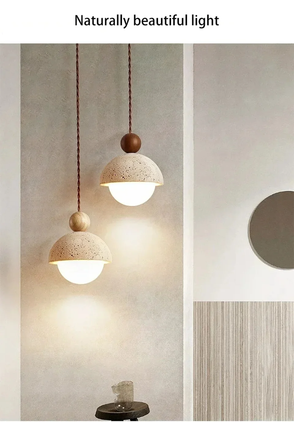 Natural Cave Stone Pendant Light LED Yellow Travertine Bedside Hanging Lighting Fixture for Restaurant Bedroom Living Room Decor