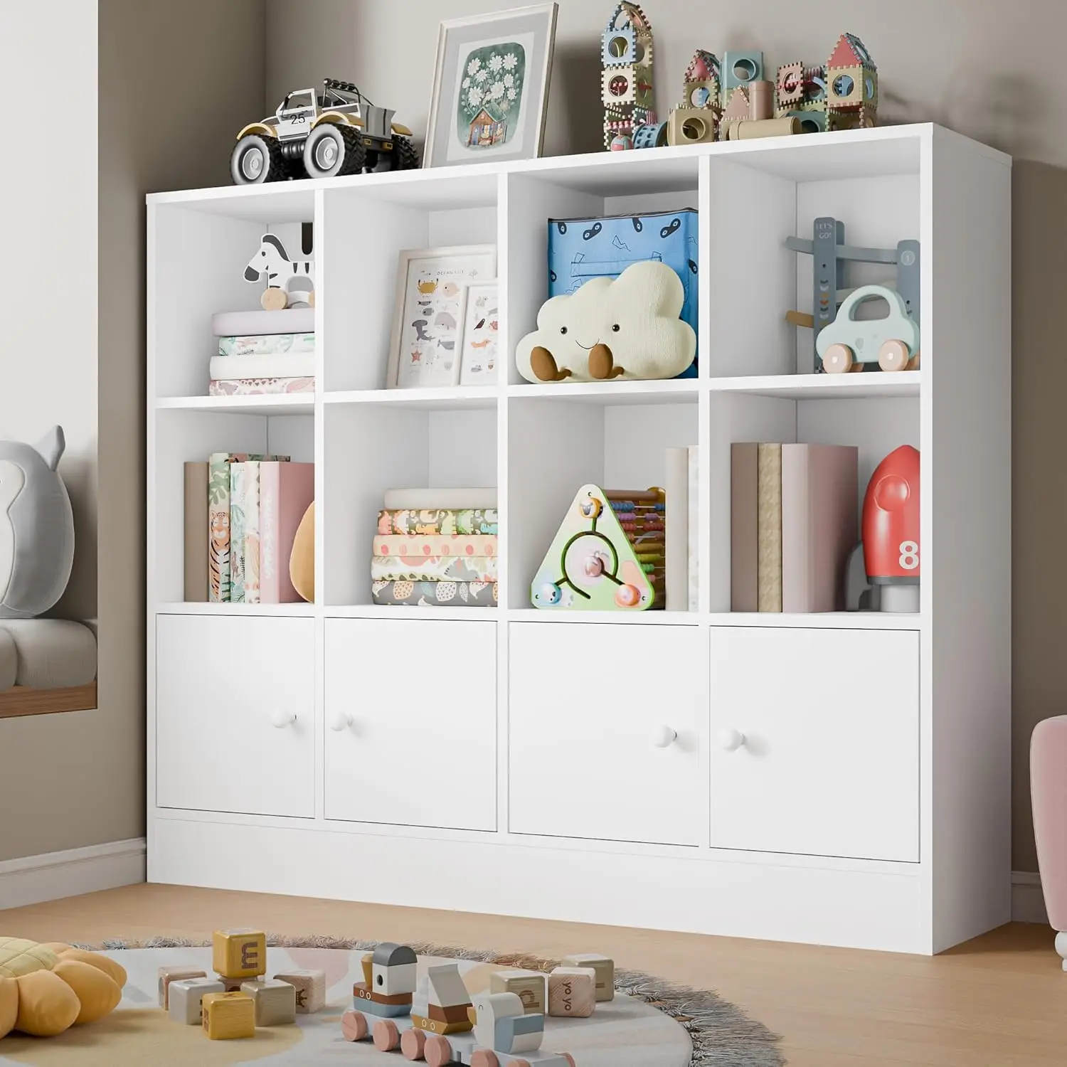 White Wood Bookcase,12 Cube Storage Organizer Bookshelf with 4 Doors,3 Tier Storage Cabinet with Adjustable Shelves for Bedroom,