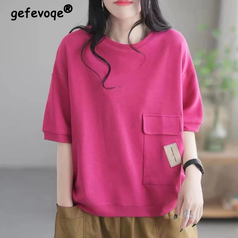 Women Trendy Simple Casual Streetwear Y2K Pocket Cotton T-shirt 2024 Summer Solid O Neck Short Sleeve Loose Tops Ropa De Mujer