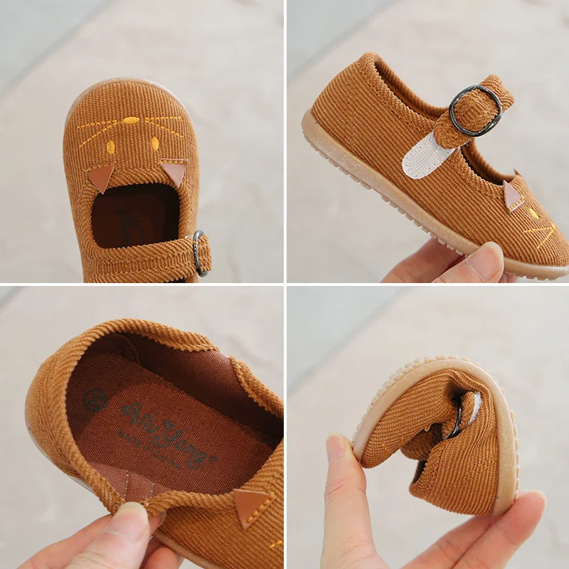 HoneyCherry Girls New Cartoon Animal Shape Square Mouth Shoes Casual Solid Color Corduroy Soft Bottom Shoes