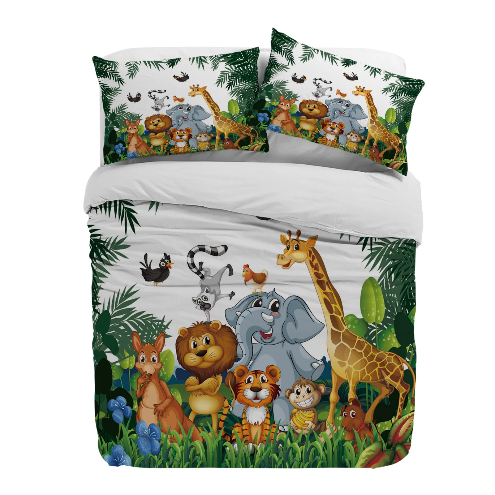 Tropical Jungle Cartoon Animal Giraffe Lion Elephant Duvet Cover Pillow Case Bedding Set Quilt Cover Double Bed Home Textile
