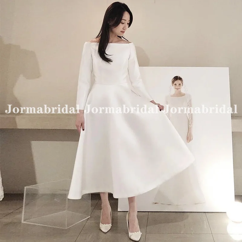 

Boat Neck Short Wedding Dress with Long Sleeves Off the Shoulder Ivory Korea Satin A-line Tea Length Beach Bridal Gowns vestidos