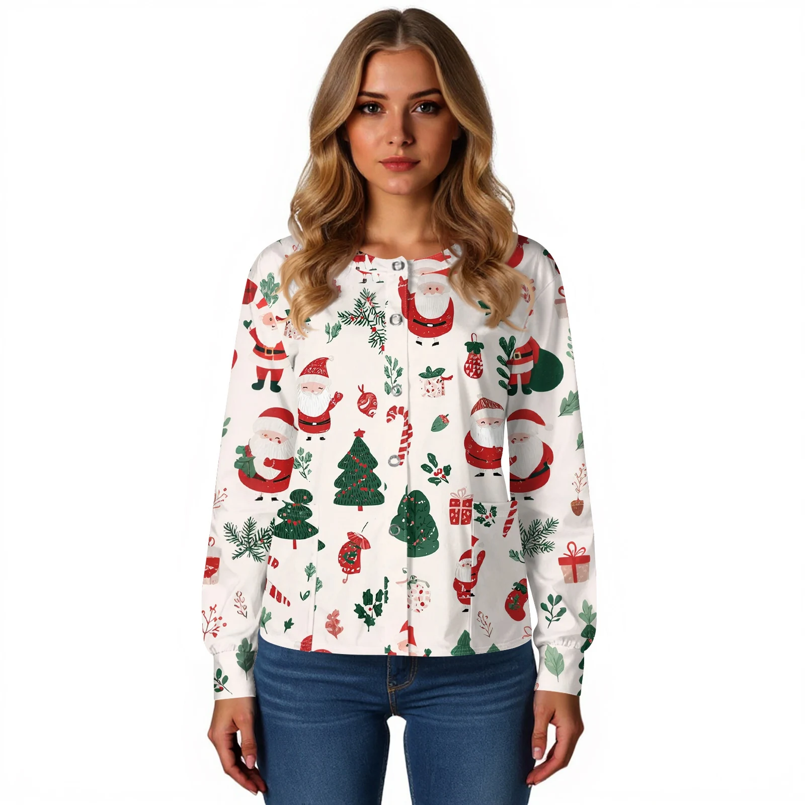 Feminino 2025 moda natal esfrega uniforme topos fino manga longa cartoonh impresso enfermeiras trabalhando t camisas blusa