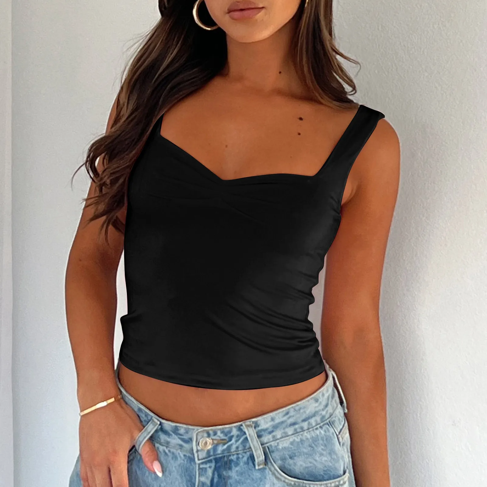 Vest Top Women Fashion Slim Tank Top Sleeveless Round Neck Summer Knit Women Camisole Solid Black White Basic Elastic T-shirt