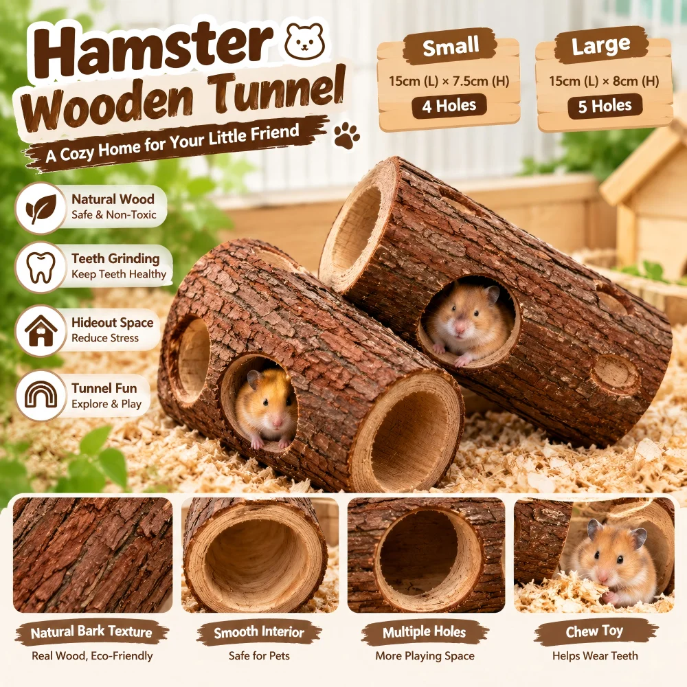 Hamster Tree Hole Toy Natural Fir Wood Stump Hideout Tunnel Chew Toy for Syrian Hamster Cage Decor Burrowing Stress Relief Pet