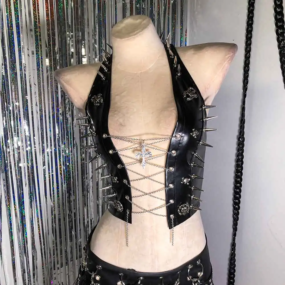

Y2K TOPS Kawaii Grunge E-Girls Studded Rivet Cross Gothic Tank Goth Cyber Eco Hand Made Punk Rock Club Wear Harajuku DIY Emo