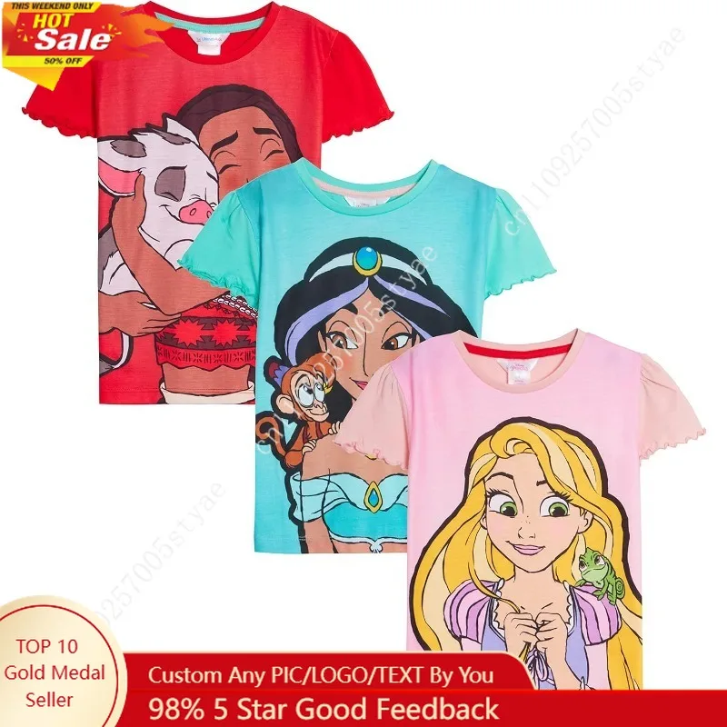 

Disney Girls Princess T-Shirts Kids Jasmine Moana Rapunzel Dress Up Top Short Sleeve Tees