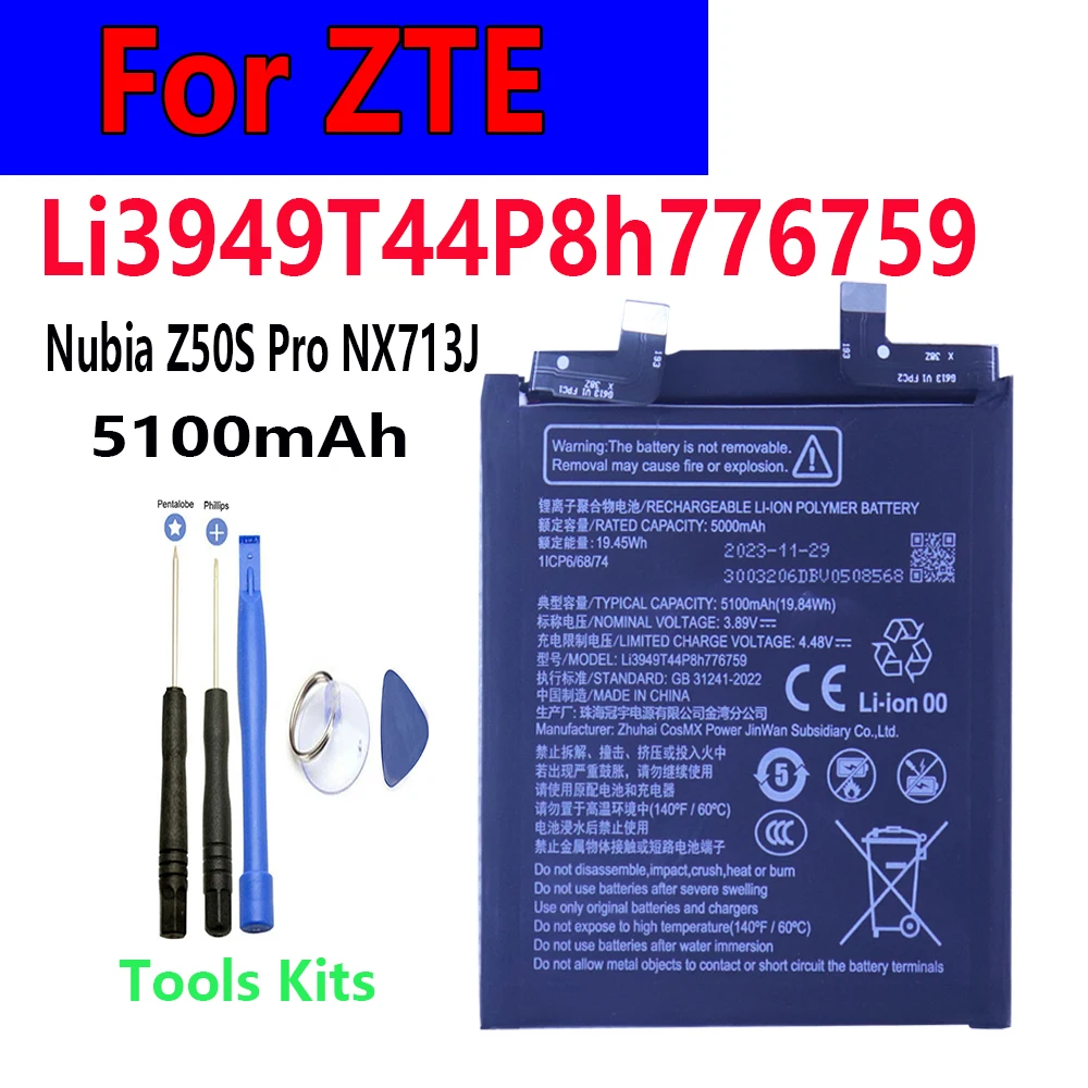 High Quality Original Cell New Li3949T44P8h776759 5100mAh Battery for ZTE Nubia Z50S Pro NX713J Mobile Phone 1ICP6/68/74+Tools