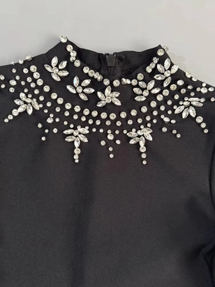 2025 mujeres de lujo Sexy de manga larga rebordear negro Maxi vestido ceñido largo elegante vestido de fiesta de noche para Club