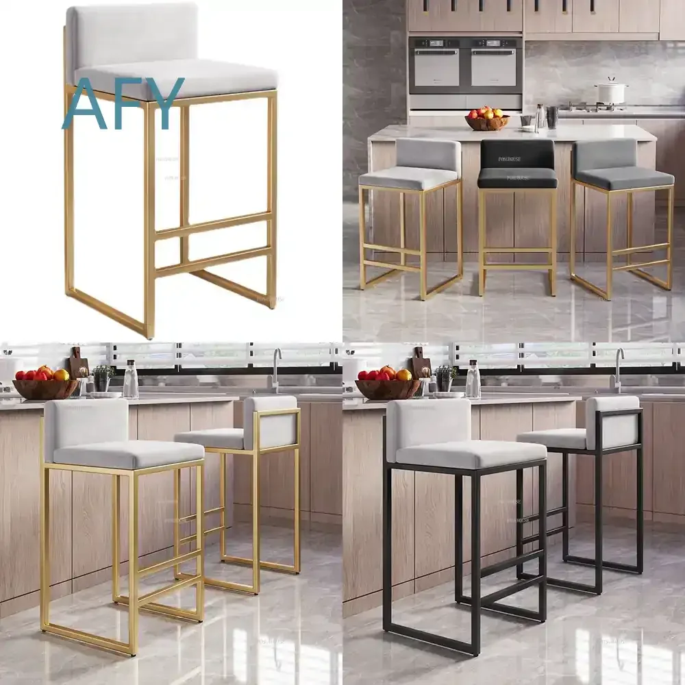 Modern Light Luxury Bar Chairs for Home Kitchen Gold High Stool Nordic Simple Backrest Bar Furniture Iron Stool for Cafe