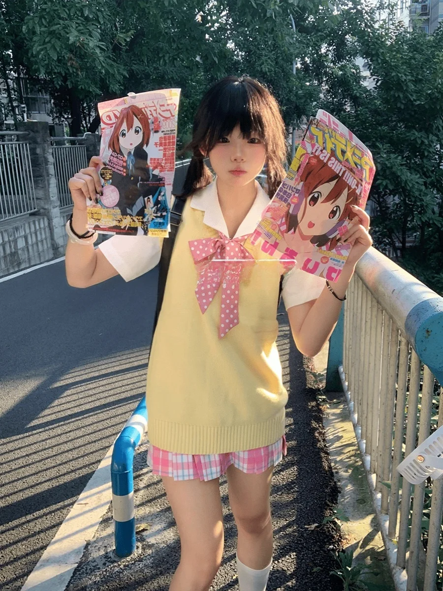 

Летний вязаный жилет в японском стиле школьной формы с эффектом многослойности, в стиле аниме, уникальный, модный, милый, с V-образным вырезом, из полиэстера