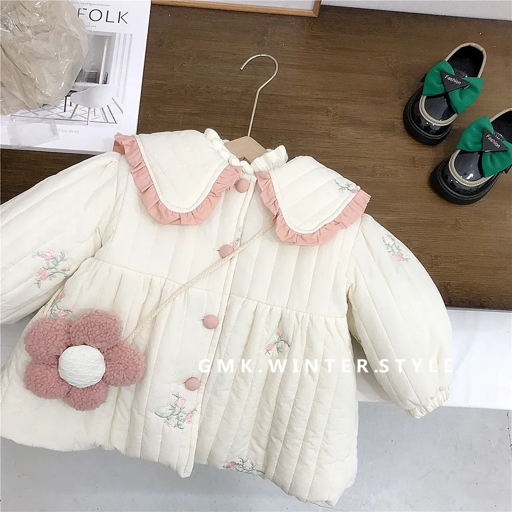 Coat Girl Thickening Cotton Clothes Loose Middle Length Winter New Children Baby Plush Turn Dwon Collar Embroidery 2024