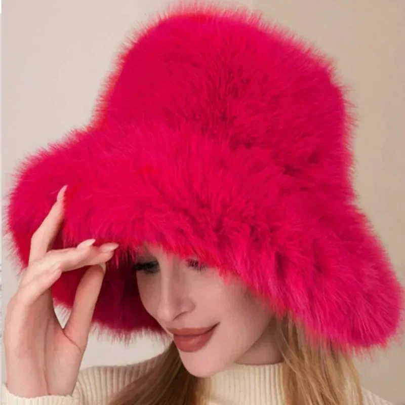 Big Oversized Fluffy Faux Fur Bucket Hats for Women Luxury Plush Fisherman Hat Winter Warm Thicken Cold-proof Panama Cap Y2k